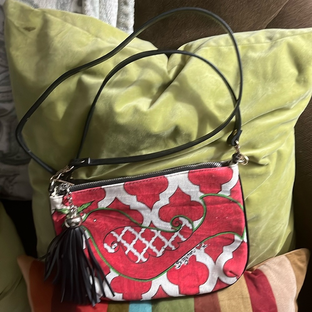 Brighton Vintage Canvas Purse With Red Dove And Black Tassel